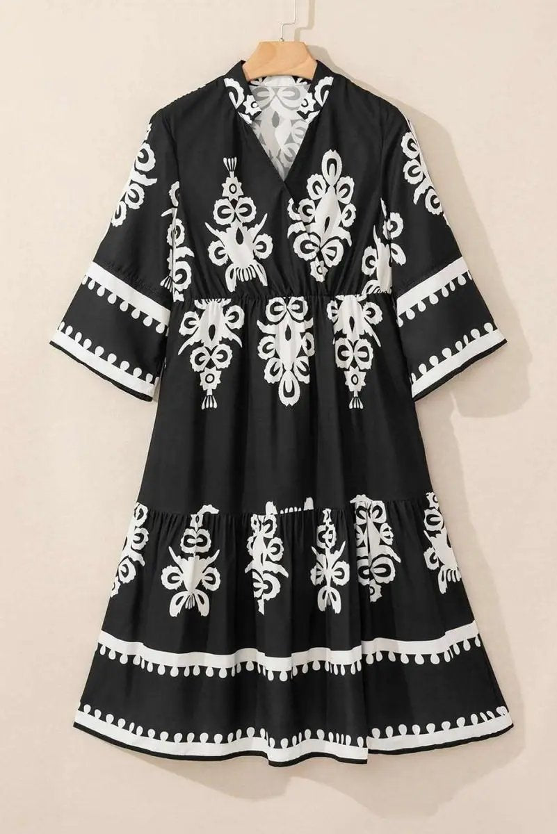 Black Western Geometric Print 3/4 Sleeve Loose Midi Dress - Love Salve